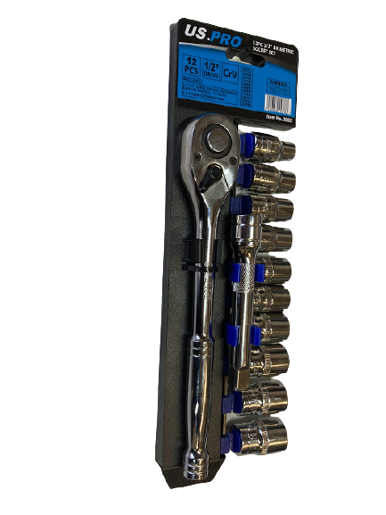 1/2" Socket Set  12pc Metric Shallow US Pro Ratchet Extension Bar Sockets