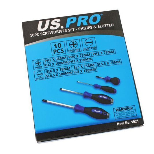 Screwdriver Set Phillips & Slotted US PRO Tools 10 Piece PH SL Magnetic 1621