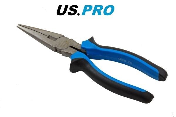 Long Nose Pliers US PRO Tools 8" 200mm Straight  NI-FE Finish Comfort Grip 2215
