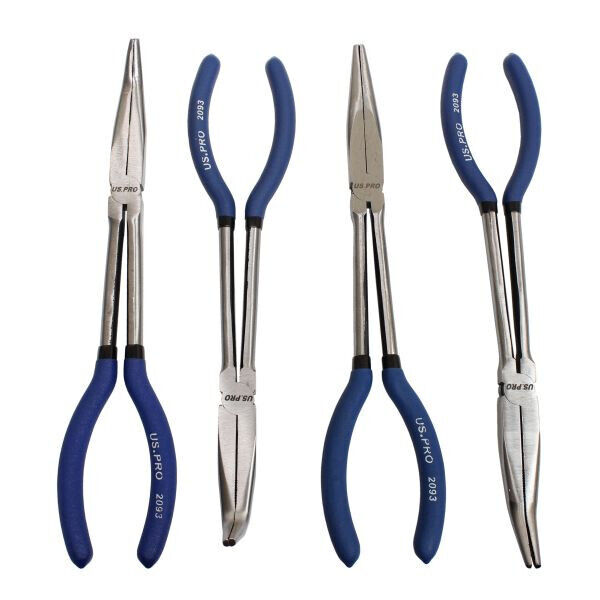 US PRO 4pc Long Nose Pliers Set Extra Long 11” / 285mm Straight Bent Angled 2093