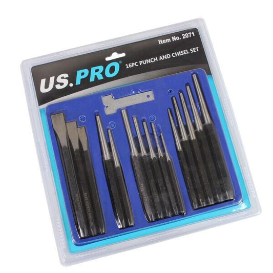 US PRO 16pc Punch and Chisel set Metal Chisels Punch Cold Taper Pin Centre Hole