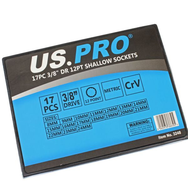 US PRO 17PC 3/8" DR 12PT Shallow Socket Set 8-24mm