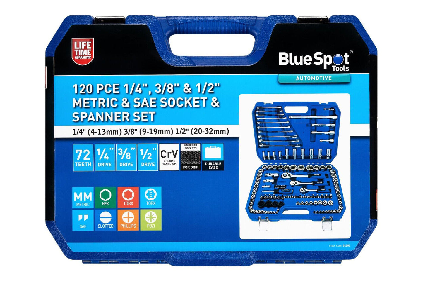 BlueSpot Metric Sae Socket Spanner Ratchet Set 4mm - 32mm 1/4" 3/8" 1/2" 120pc