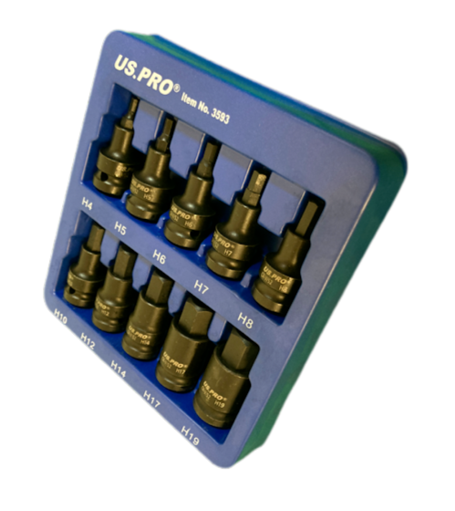 US PRO 10 pc Impact HEX ALLEN Bit Socket Set  1/2" Drive H4 - H19 S2 BITS 3593