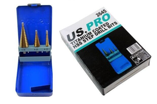 US PRO Tools 3pc HSS Step Drills Titanium Coated 4mm to 30mm 2645