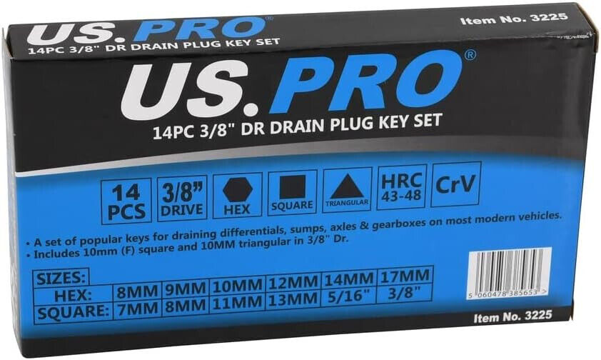 Drain Sump Plug Key Set, Keys Oil Sump Axle Gearbox Drain Keys 14PC 3/8" US PRO