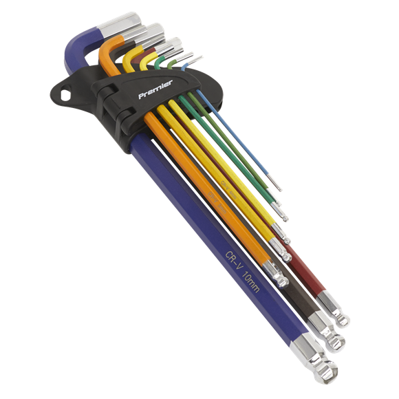 SEALEY AK7191 Ball-End Hex Key Set 9pc Colour-Coded Extra-Long Metric Allen