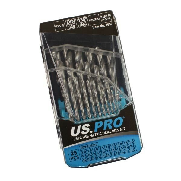 US PRO 25pc HSS Metal High Quality Drill Bit Set Metric 1mm - 13mm Steel Drills