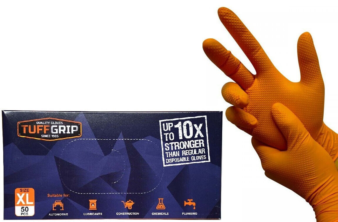 50 TUFFGRIP X LARGE ORANGE NITRILE DISPOSABLE GLOVES RAISED DIAMOND GRIP TG140