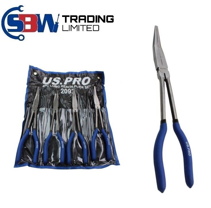 US PRO 4pc Long Nose Pliers Set Extra Long 11” / 285mm Straight Bent Angled 2093