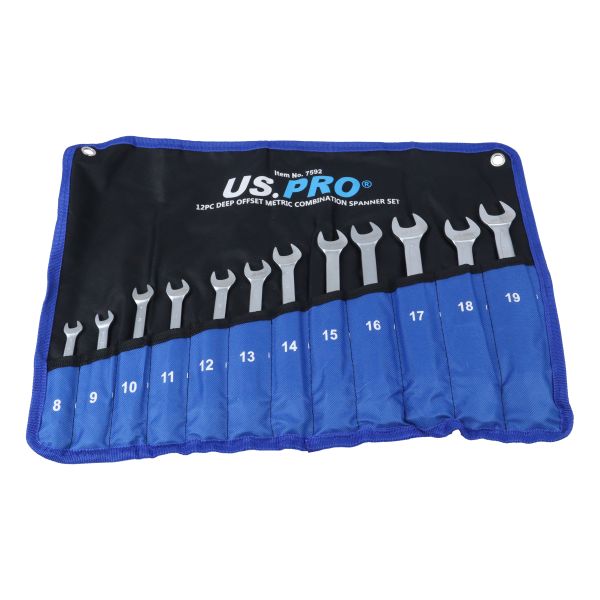 US PRO 12PC Deep Offset Metric Combination Spanner Set 8-19mm