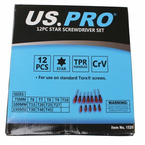 US Pro 12pc Torx Screwdriver Set T6 to T45 - Torxs 1529 Tools Star screwdriver