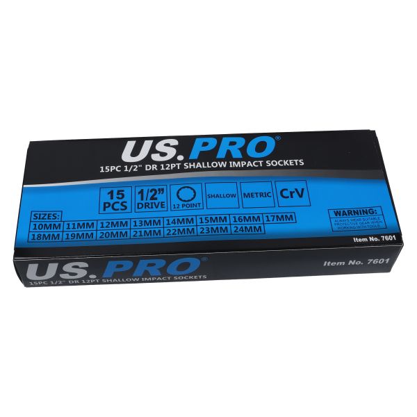 US PRO 15PC 1/2" DR 12PT Shallow Impact Socket Set 10-24mm