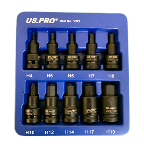 US PRO 10 pc Impact HEX ALLEN Bit Socket Set  1/2" Drive H4 - H19 S2 BITS 3593