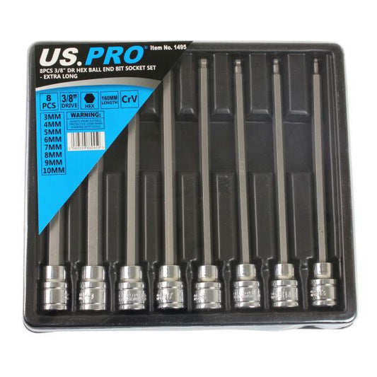 US PRO Tools 8pc 3/8" Long Ball End Hex Allen Bit Key Sockets NEW 1495