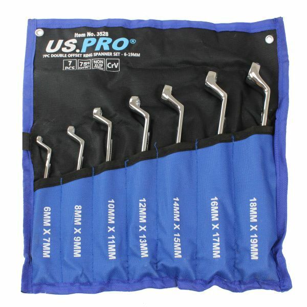 7pc OFFSET RING SPANNER SET US PRO TOOLS 6mm/19mm Non Slip Swan Neck Wrench 3528