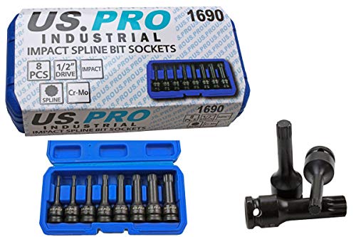 US PRO INDUSTRIAL 8 Piece 1/2" Impact spline Socket Bit Set M5 - M18 Bits 1690