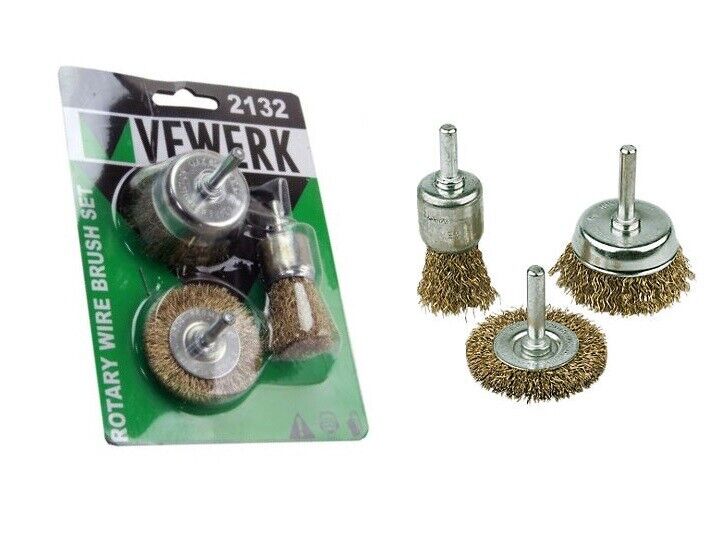 Vewerk 3pc Rotary Wire Brush Set 6mm Shank Flat Cup End Brush Prep Kit 2132