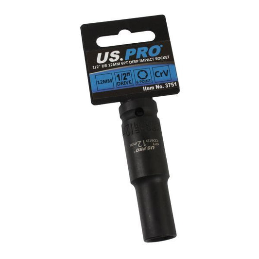 US PRO Tools 12mm 1/2 dr 6pt deep impact socket 12mm impact socket Metric 3751