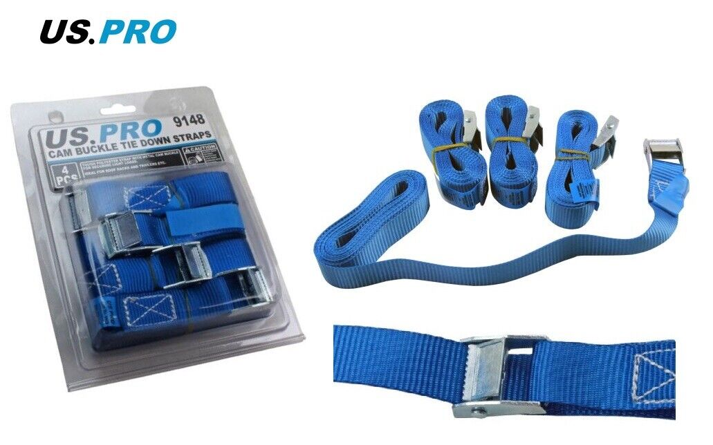 Cam Buckle Tie Down Straps US PRO 4pc Lorry Lashing Roof Rack Trailers 9148