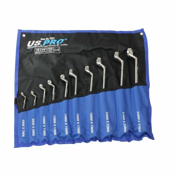 10pc OFFSET RING SPANNER SET US PRO TOOLS 6 - 27mm Non Slip Swan Neck 3527