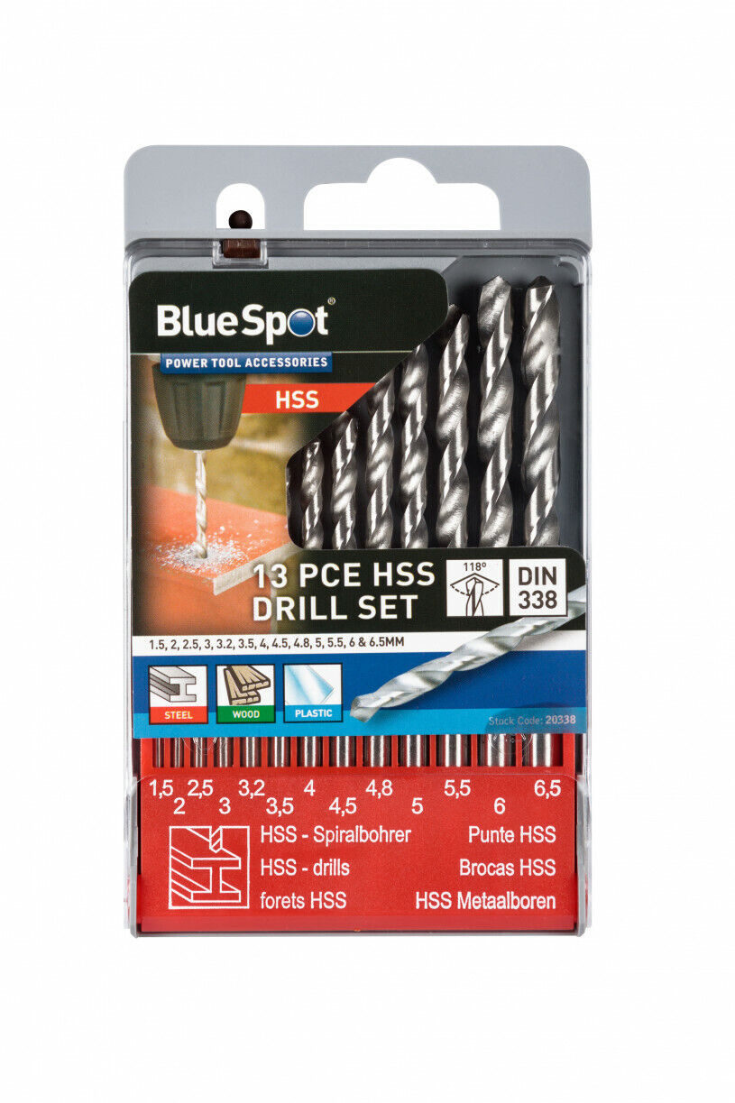 Bluespot 13 Pc HSS Twist Drill Bits 1.5mm To 6.5mm Set Metal Wood Plastic 20338