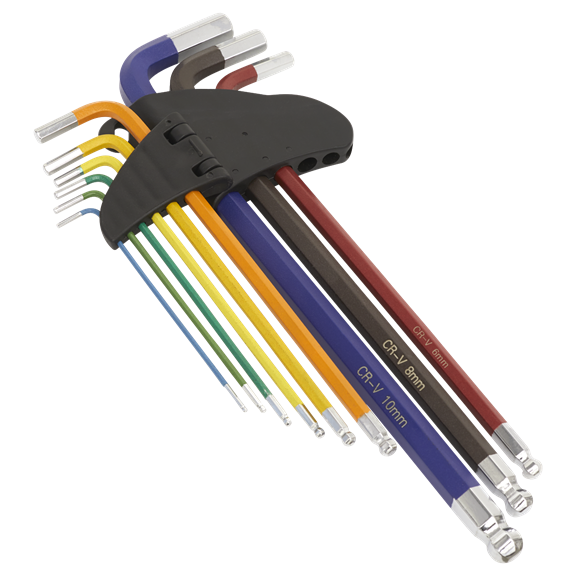 SEALEY AK7191 Ball-End Hex Key Set 9pc Colour-Coded Extra-Long Metric Allen