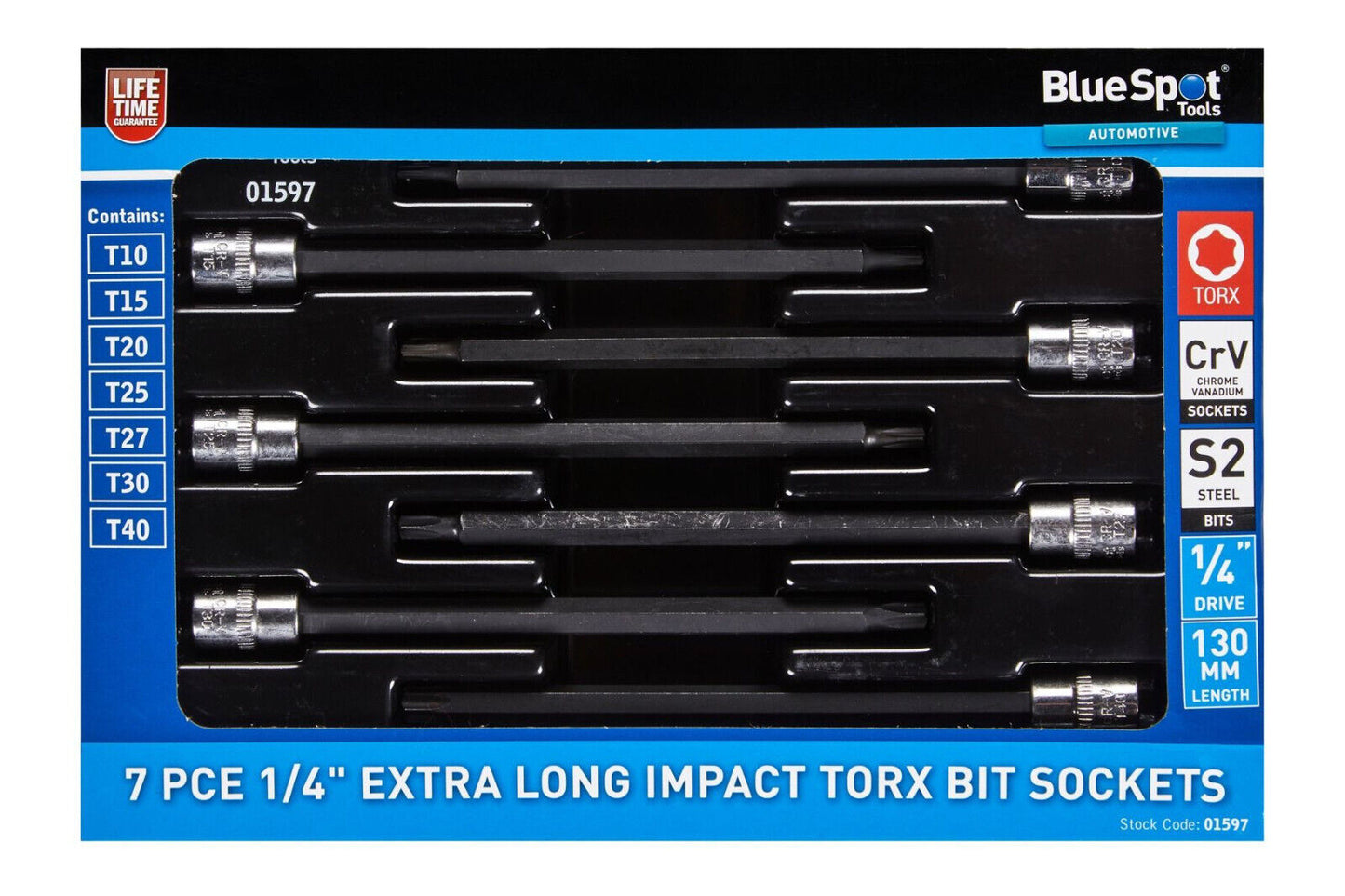 BlueSpot 7pc Extra Long Impact Torx Star Bit Sockets 1/4" Drive T10 - T40 Set