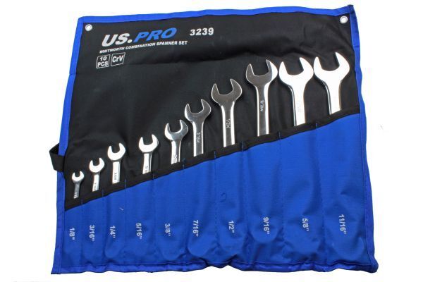 US PRO 10PC Whitworth Combination Spanner Set British Standard 1/8" - 11/16"