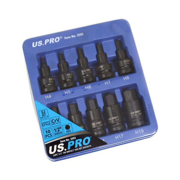 US PRO 10 pc Impact HEX ALLEN Bit Socket Set  1/2" Drive H4 - H19 S2 BITS 3593