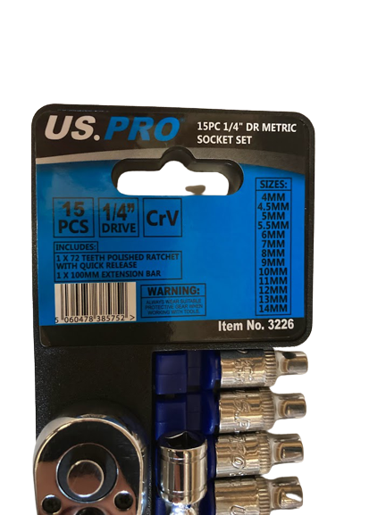 US Pro by BERGEN 1/4" DRIVE RATCHET SOCKET SET 4mm to 14mm sockets 100mm 3226