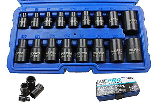 US PRO Tools 17pc 3/8" & 1/2" dr IMPACT FEMALE E-Torx Socket Set E5 to E24 3420