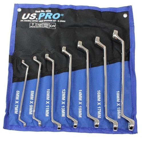 7pc OFFSET RING SPANNER SET US PRO TOOLS 6mm/19mm Non Slip Swan Neck Wrench 3528