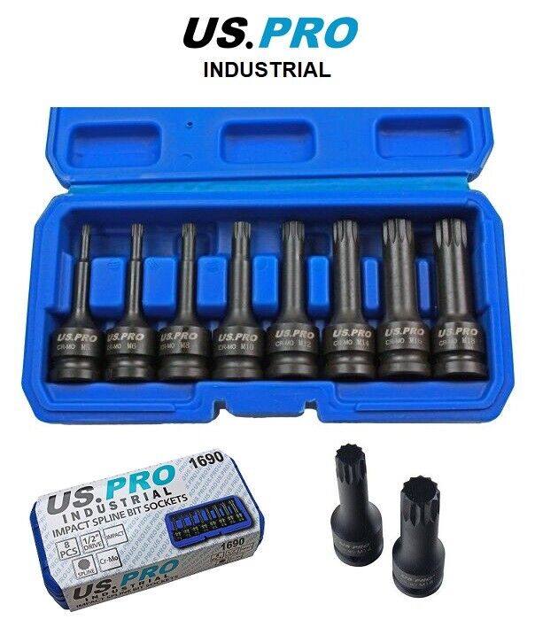 US PRO INDUSTRIAL 8 Piece 1/2" Impact spline Socket Bit Set M5 - M18 Bits 1690