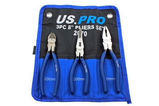 US Pro 8" 200mm 3pc Plier Set, Side Cutter, Long Nose, Combination Pliers 2070