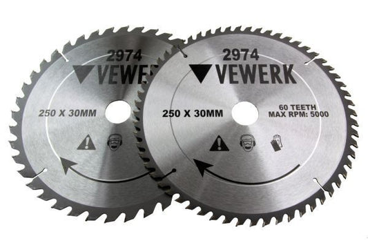 2x VEWERK TCT Circular Wood Saw Blades 250 X 30MM Fits Festool, Makita 2974