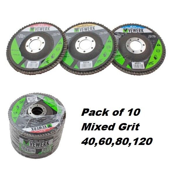 VEWERK Pack of 10 Mixed Flap Discs 40,60,80,120 Grit Oxide (115mm X 22.2mm) 8242