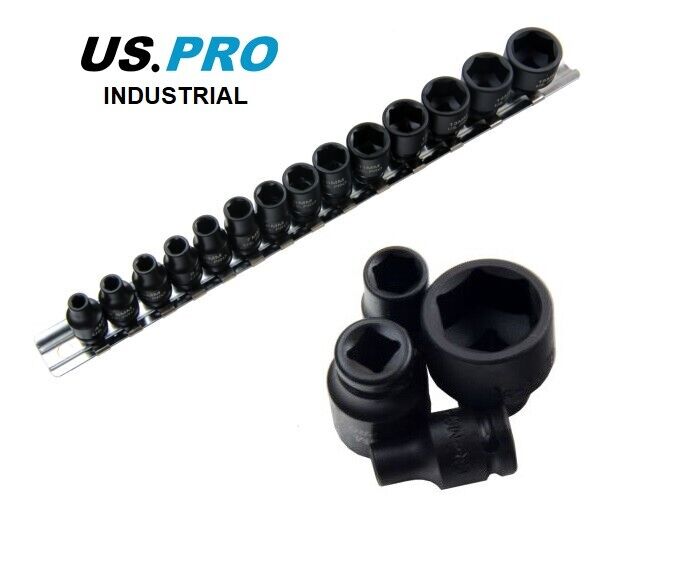 US PRO industrial 14pc 1/4" dr 6pt Shallow Impact Sockets Set On Rail NEW 1429
