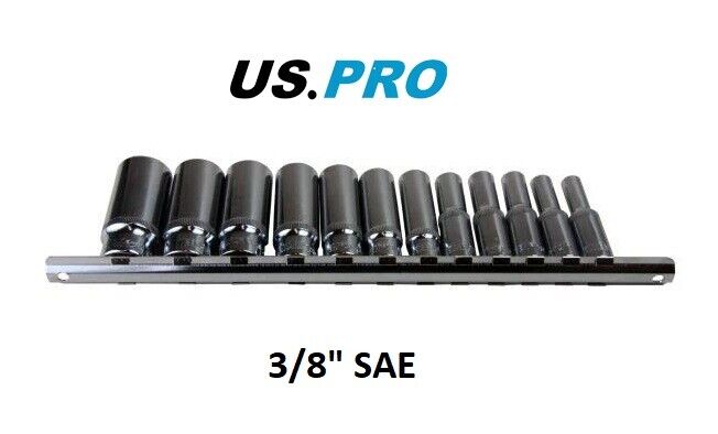 US PRO Tools 12pc 3/8" dr Deep SAE Imperial Sockets 6pt Hex On Rail NEW 3257