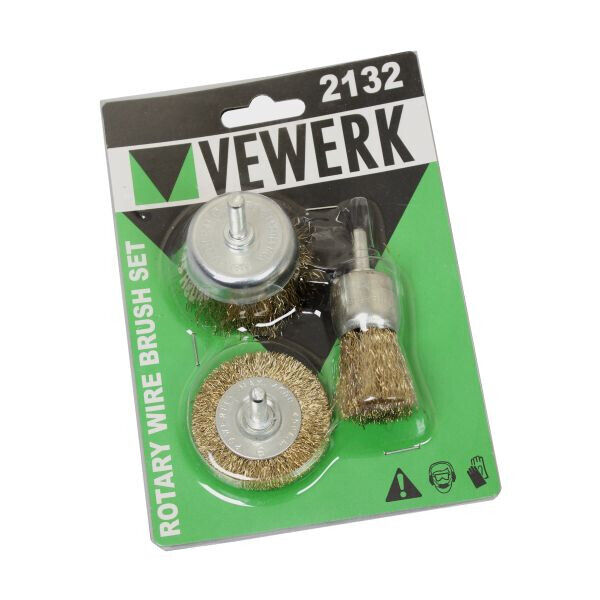 Vewerk 3pc Rotary Wire Brush Set 6mm Shank Flat Cup End Brush Prep Kit 2132