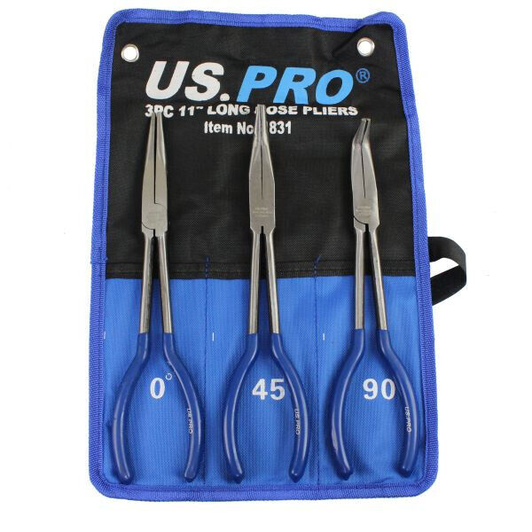 US PRO Tools 3pc 11" /275mm Long Reach Nose Pliers Plier Set 45 & 90 degree 1831