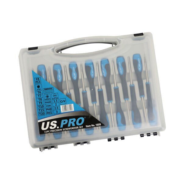 US PRO Precision Screwdrivers Set  15pc Torx Philips & Flat Swivel Top 1609