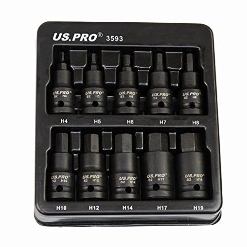 US PRO 10 pc Impact HEX ALLEN Bit Socket Set  1/2" Drive H4 - H19 S2 BITS 3593