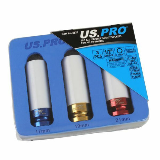 US PRO 3PC 1/2" DR Alloy Wheel Impact Sockets 17, 19, 21mm 3837