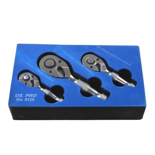 US PRO Tools 3pc Stubby Socket Ratchet Set 1/4" 3/8" 1/2" Drive NEW 4129