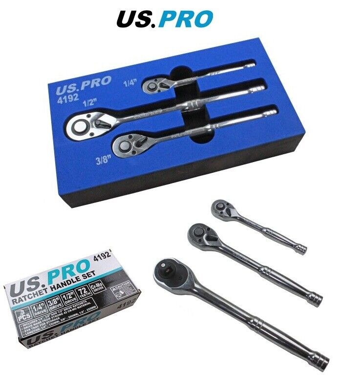 3PC RATCHET SET US PRO 1/4" 3/8" 1/2" Drive Chrome Ratchets EVA foam 4192