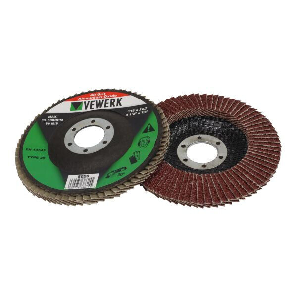 VEWERK Pack of 10 Flap Discs 40 Grit Oxide (115mm X 22.2mm) 8020