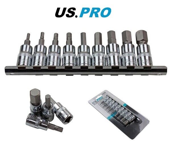 US PRO 9pc 3/8" dr SAE / Imperial Hex, Allen Bit Sockets Socket Rail 3385